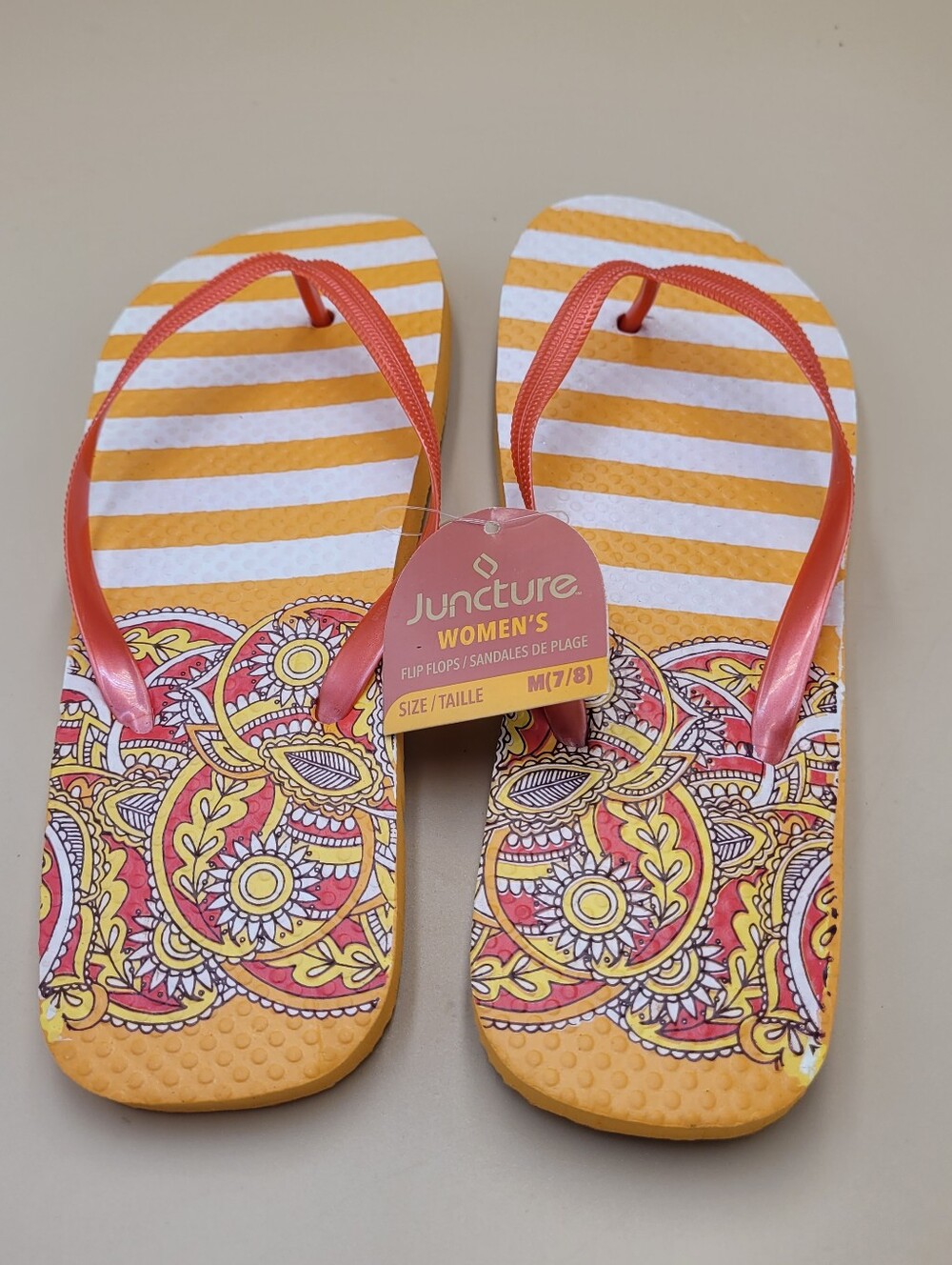 Juncture Women's Yellow & Coral Striped Flip Flops Summer Beach Pedicure